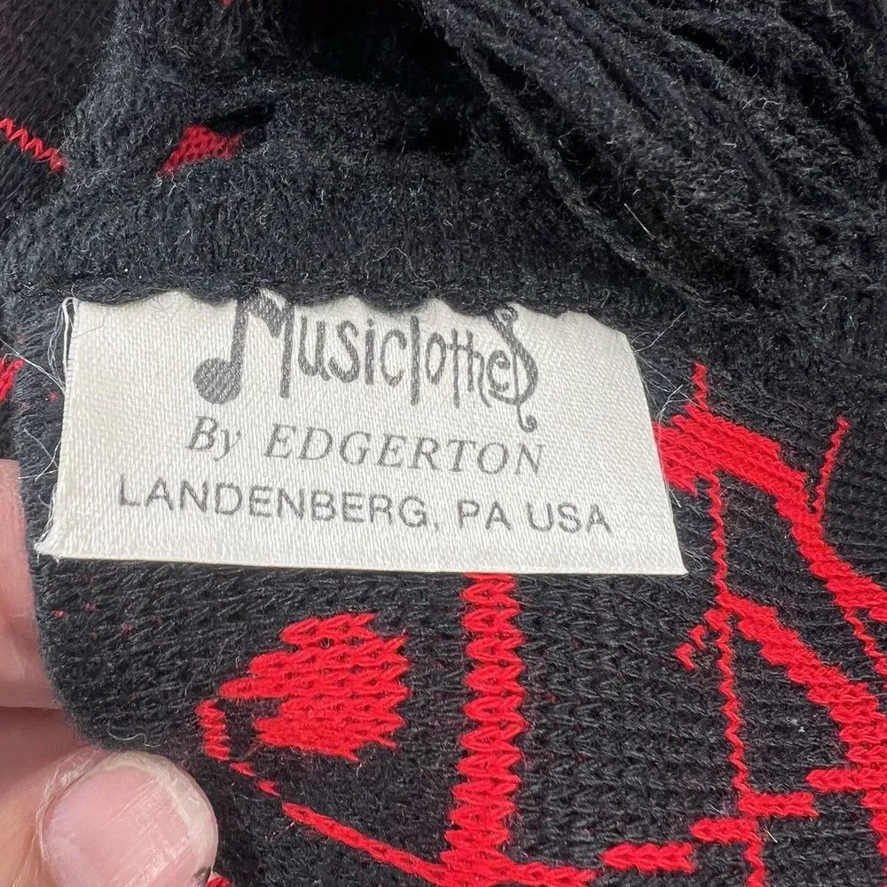 Vintage Scarf Music Staff Notes 1982 By Edgerton PA  88” Long red on black